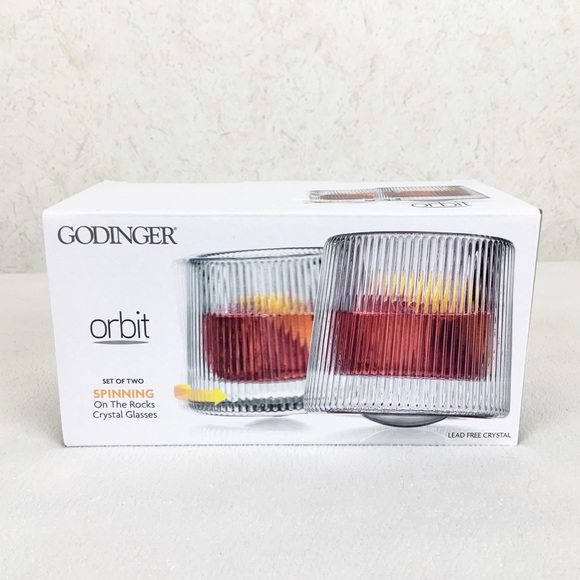 Godinger Orbit 2 Spinning On The Rocks Crystal Whiskey Glasses In Box Barware - Picture 1 of 8